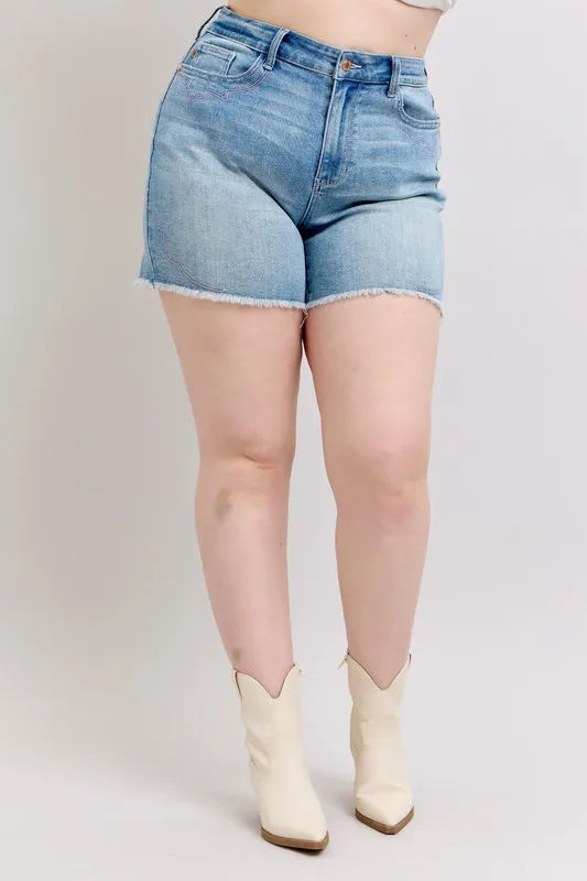High Waist Western Embroidery Detail Cut Off Denim Shorts Plus Size for Women