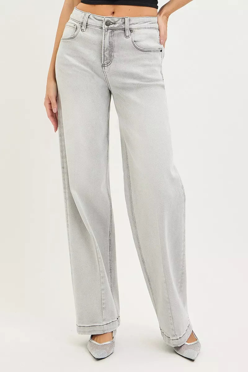 Slouchy Baggy Jeans with Contrast Stitching in Light Grey for Women