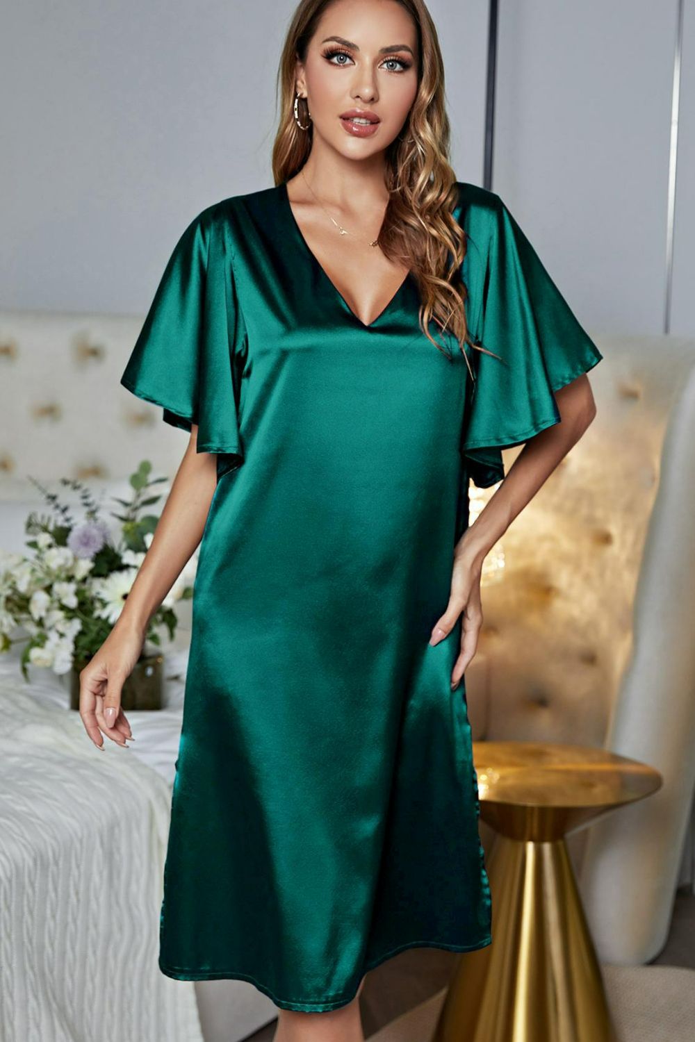 Satin Flutter Sleeve Side Slit V-Neck Night Dress in Khaki for Women