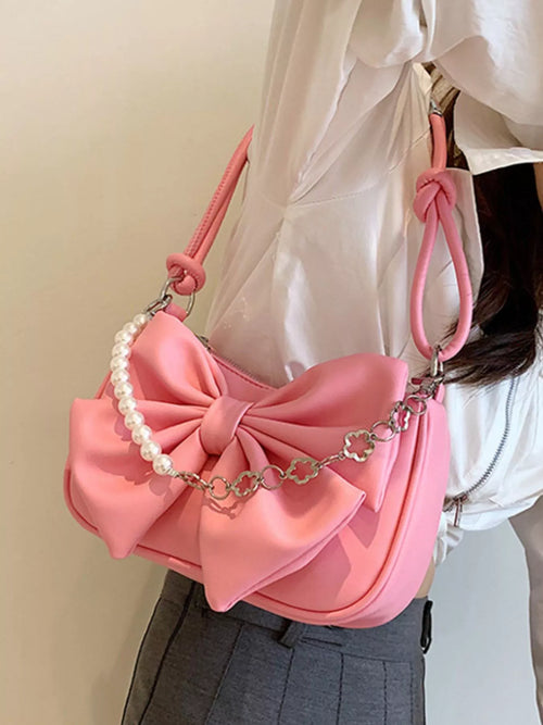 Bowknot Pearl Chain Shoulder Bag in Pink for Women