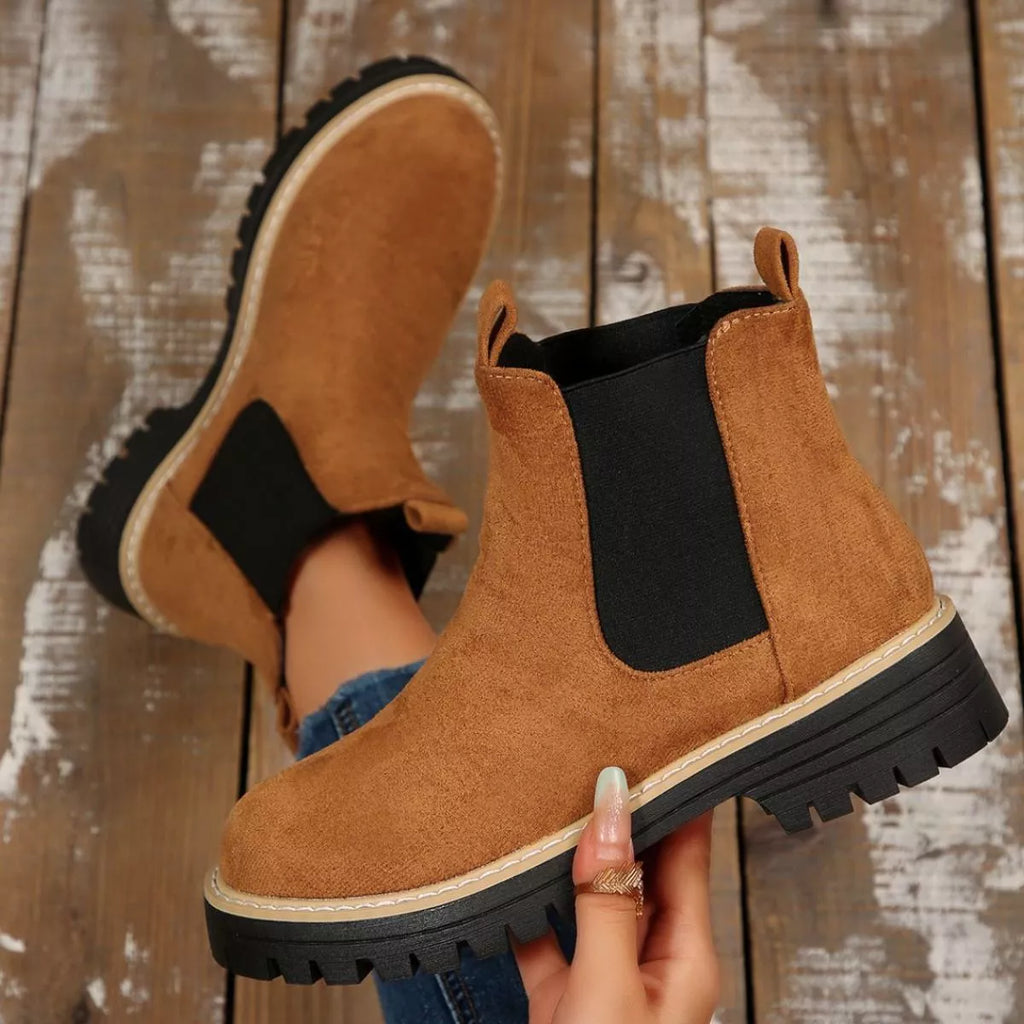 Round Toe Block Heels Boots in Classic in Brown for Women