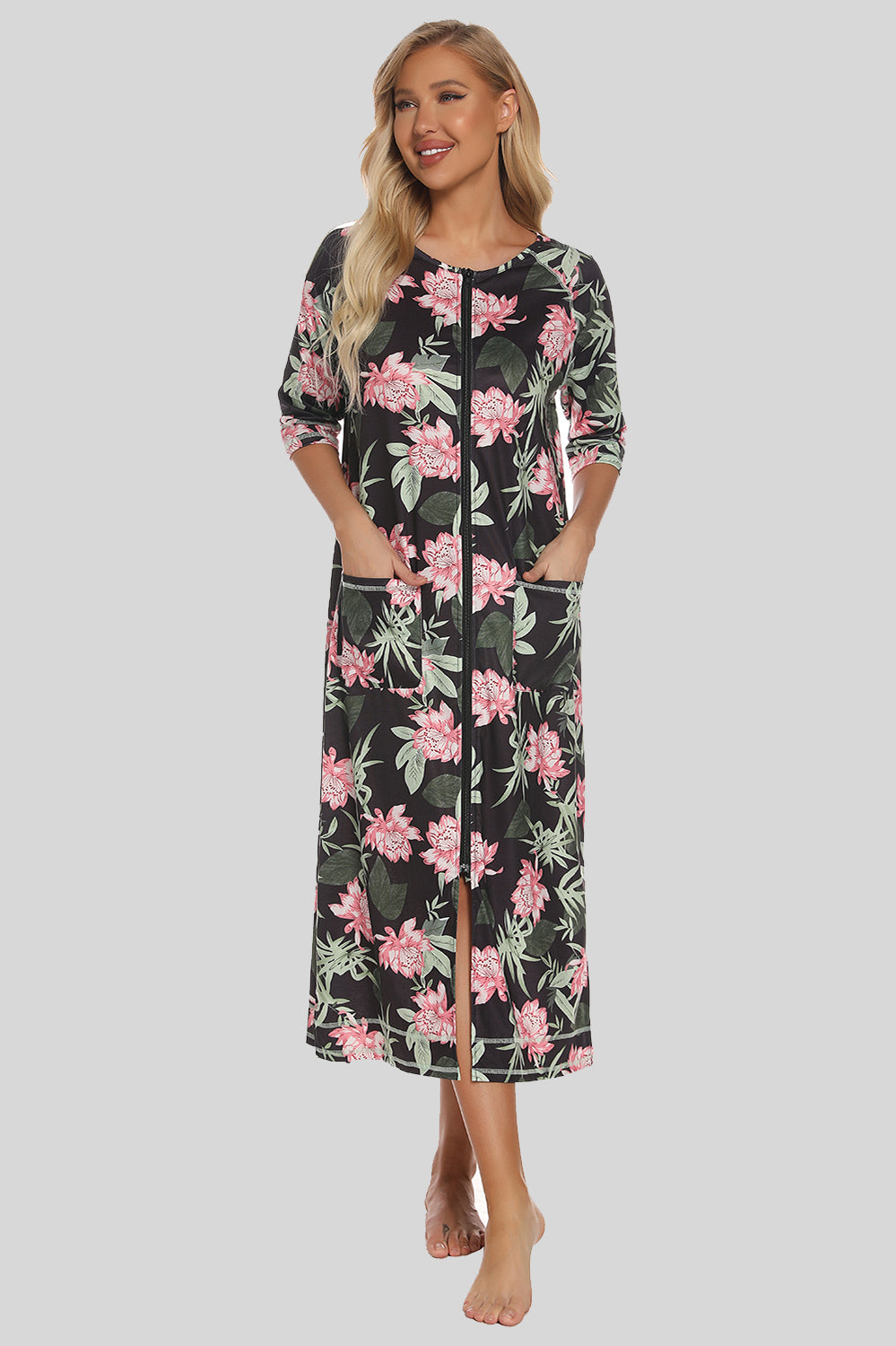 Printed Slit Night Dress with Pockets in Burnt Coral for Women