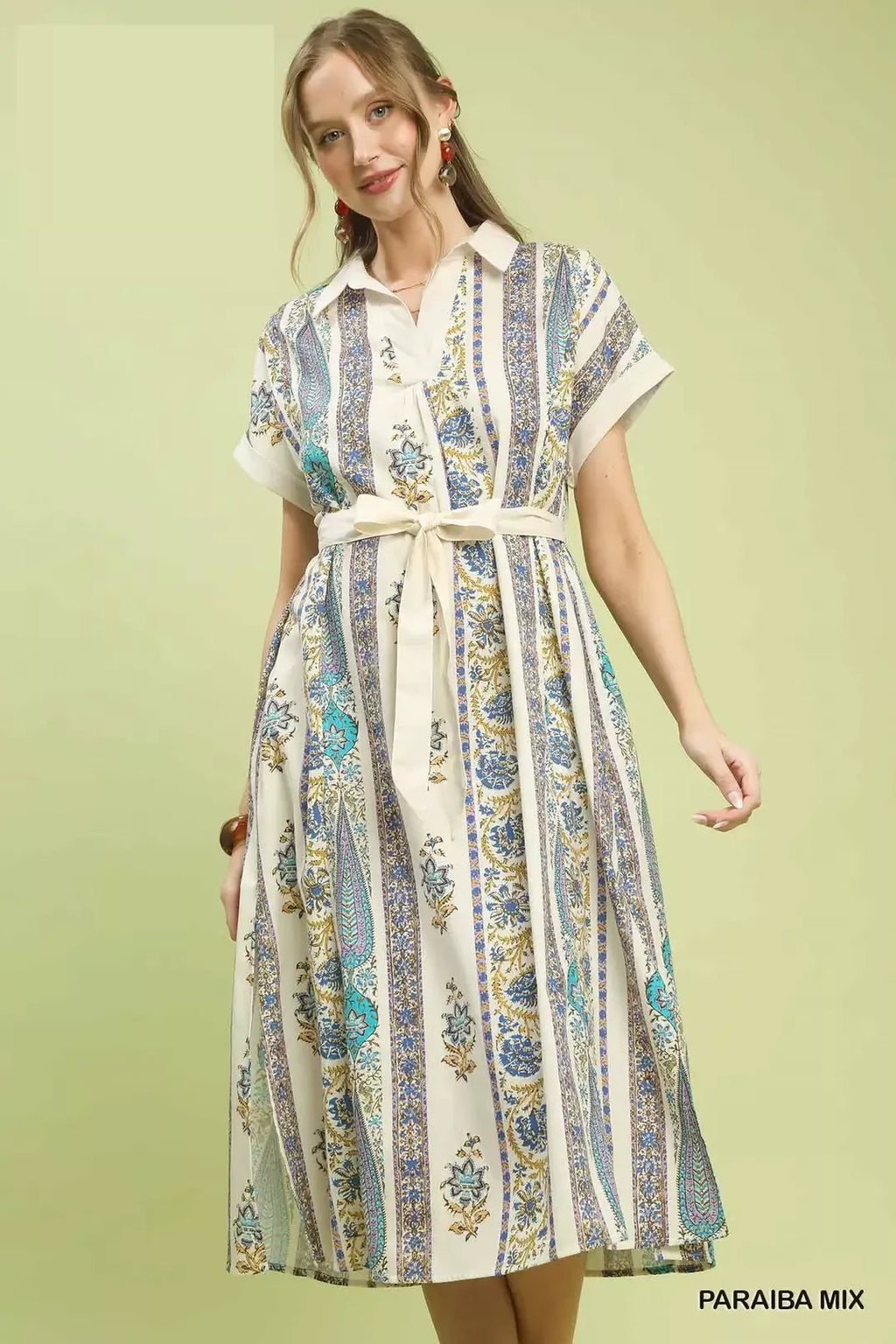 Vertical Print Tie Waist Midi Dress in Paraiba Mix for Women