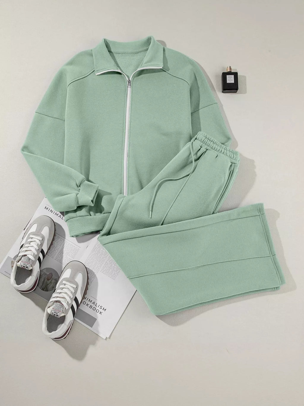 Drop Shoulder Zip Up Jacket and Drawstring Pants Active 2pcs Set for Women