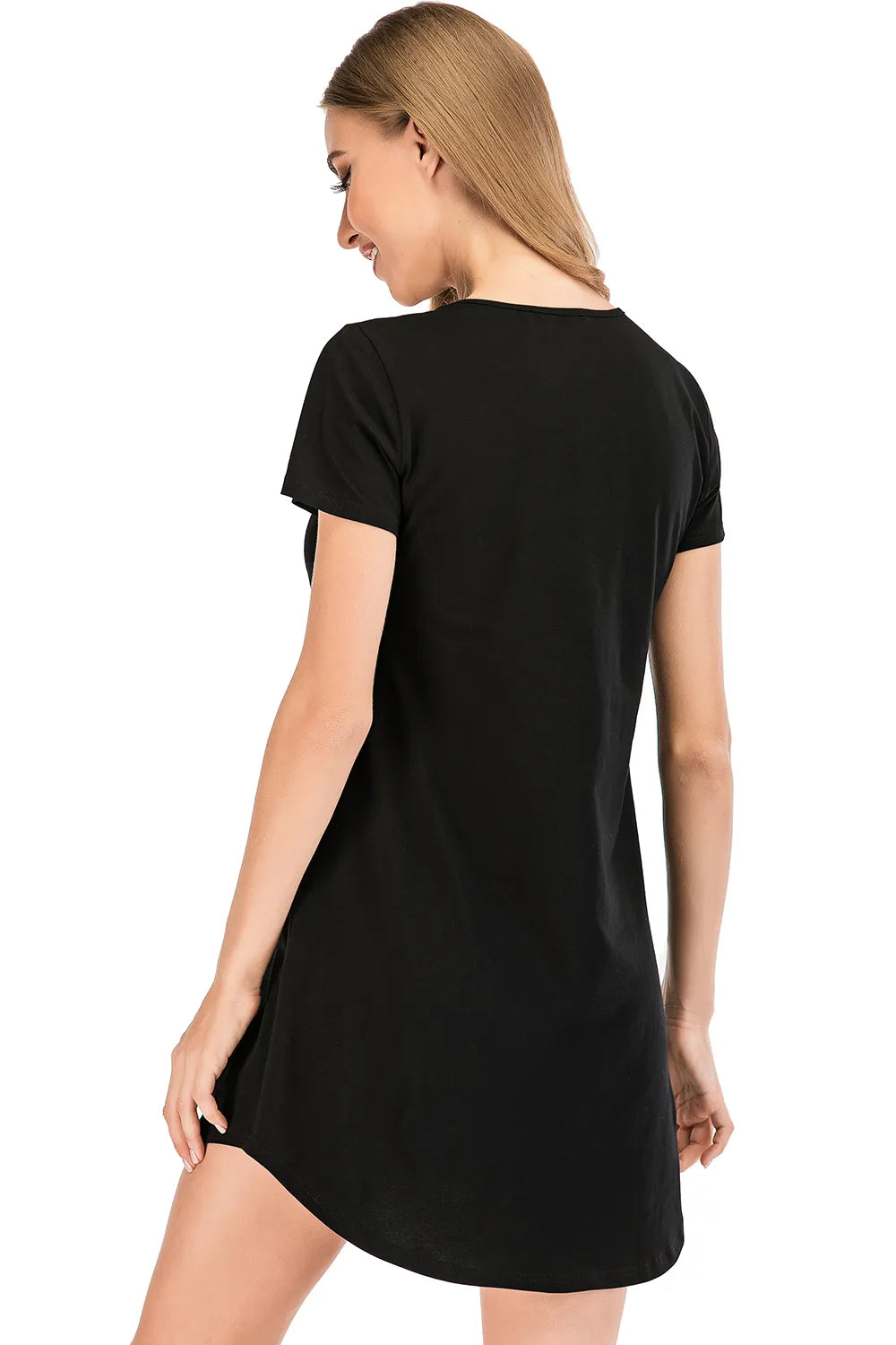 Graphic Round Neck Short Sleeve Lounge Dress in Black for Women