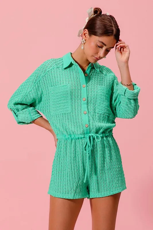 Textured Knit Button Front Romper in Mint for Women