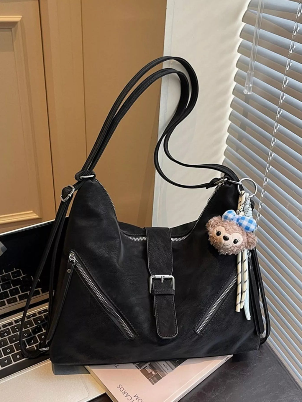 Convertible Buckle Shoulder Bag in Black for Women