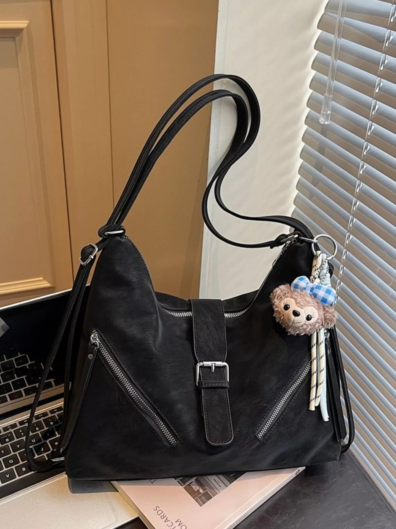 Convertible Buckle Shoulder Bag in Black for Women