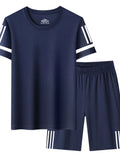 Plus Size Round Neck Short Sleeve Top and Shorts Set in Navy Blue for Men