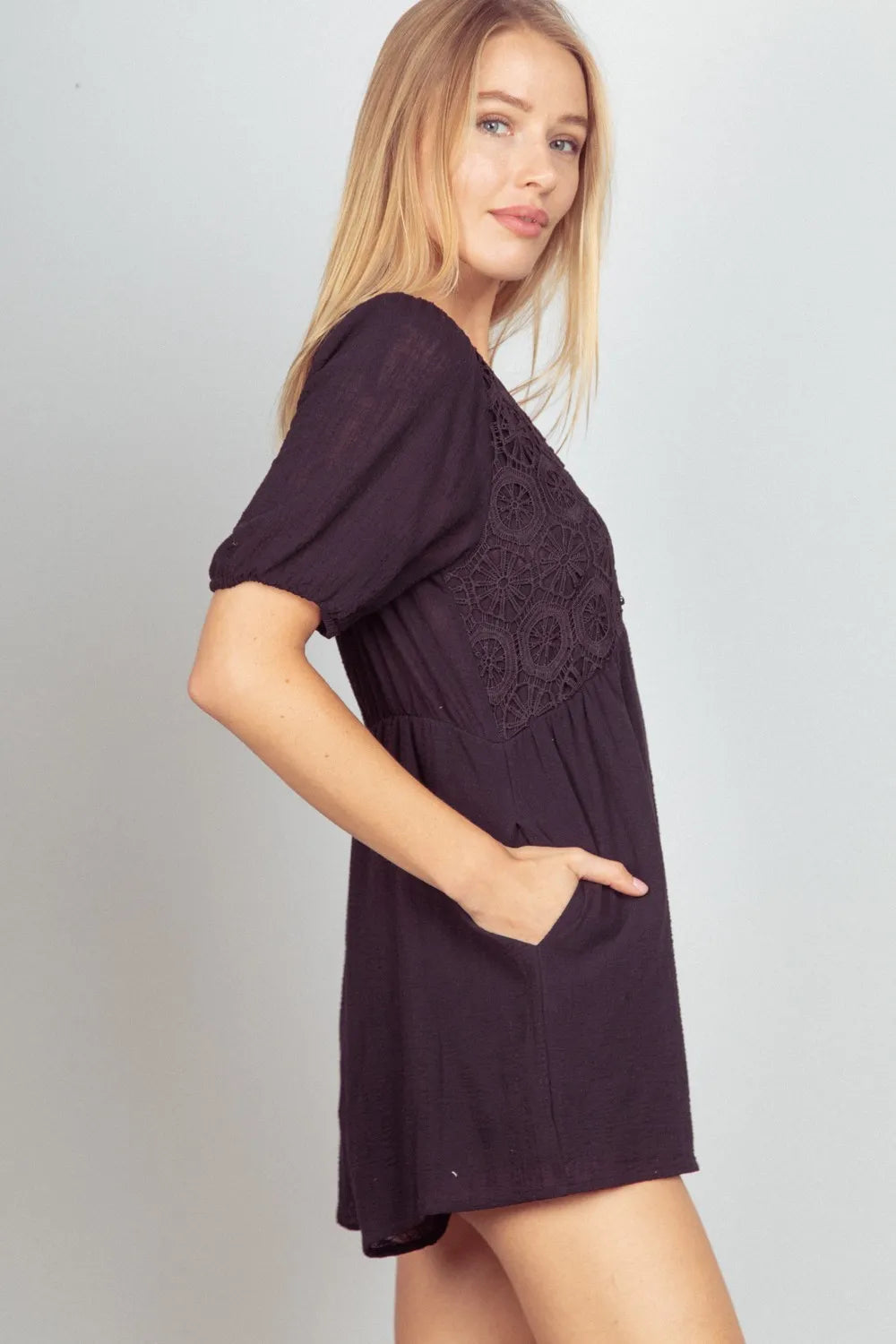 Lace Detail Puff Sleeve Romper with Pockets in Black for Women
