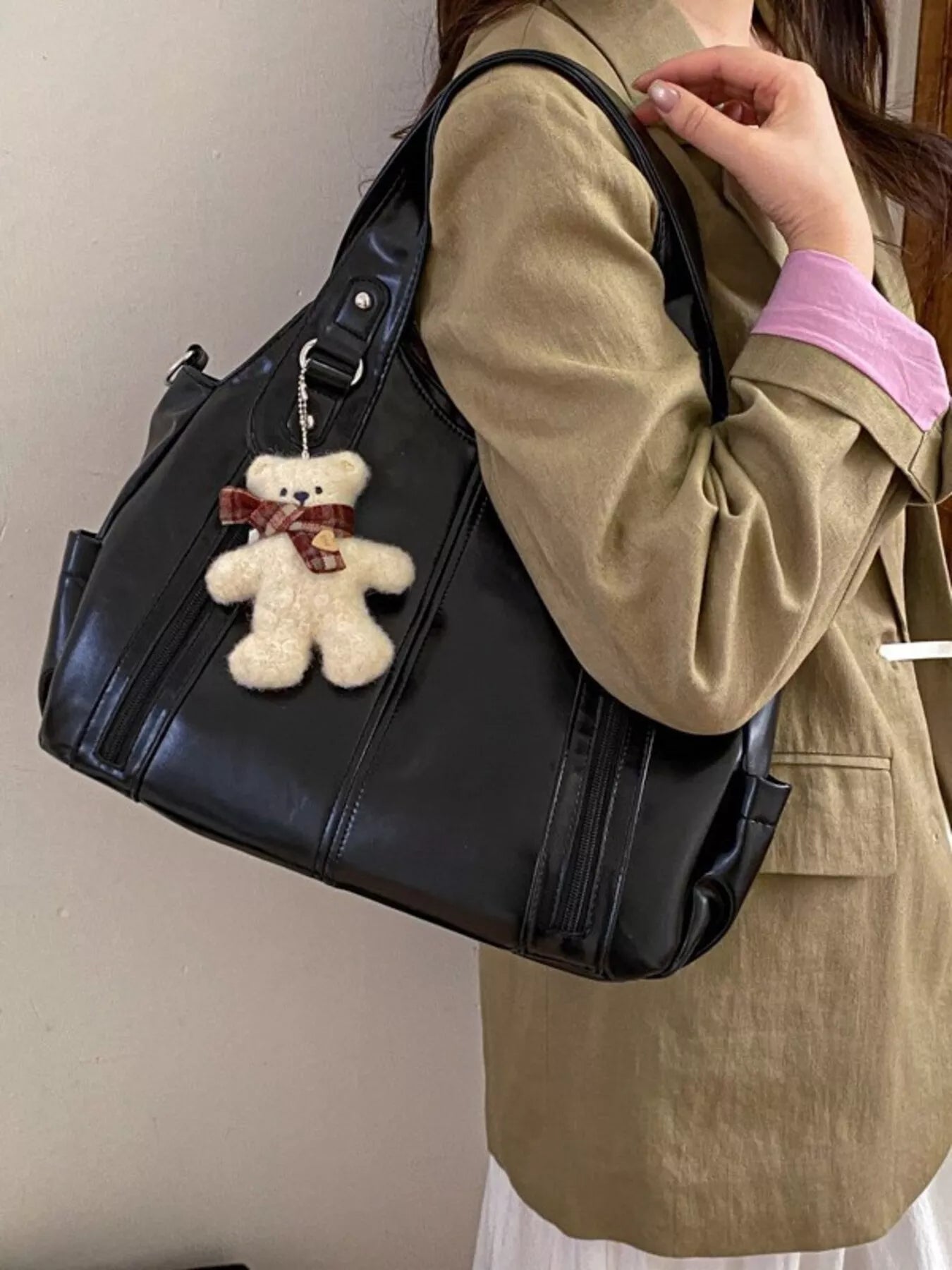 Leather Shoulder Bag with Bear Charm for Women