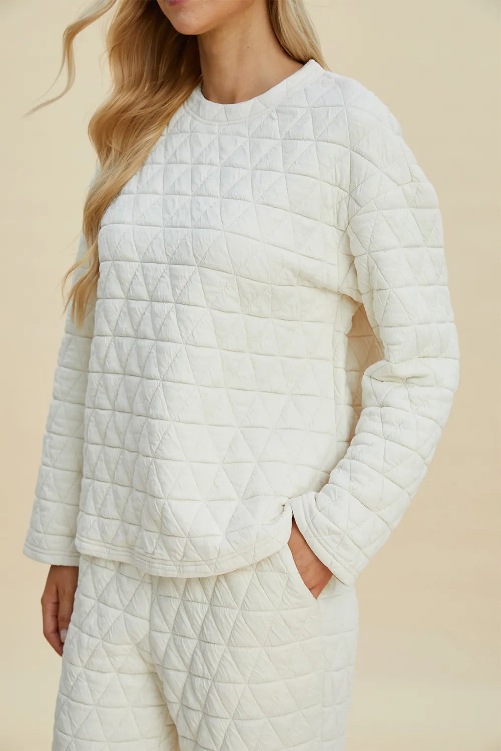 Plus Size Texture Round Neck Long Sleeve Top and Pants Set in Beige for Women