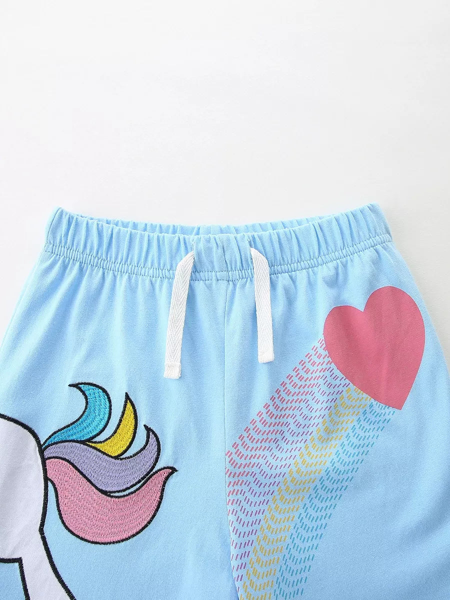 Unicorn Ruffle Trim Top and Shorts Set in Pastel Blue for Girls