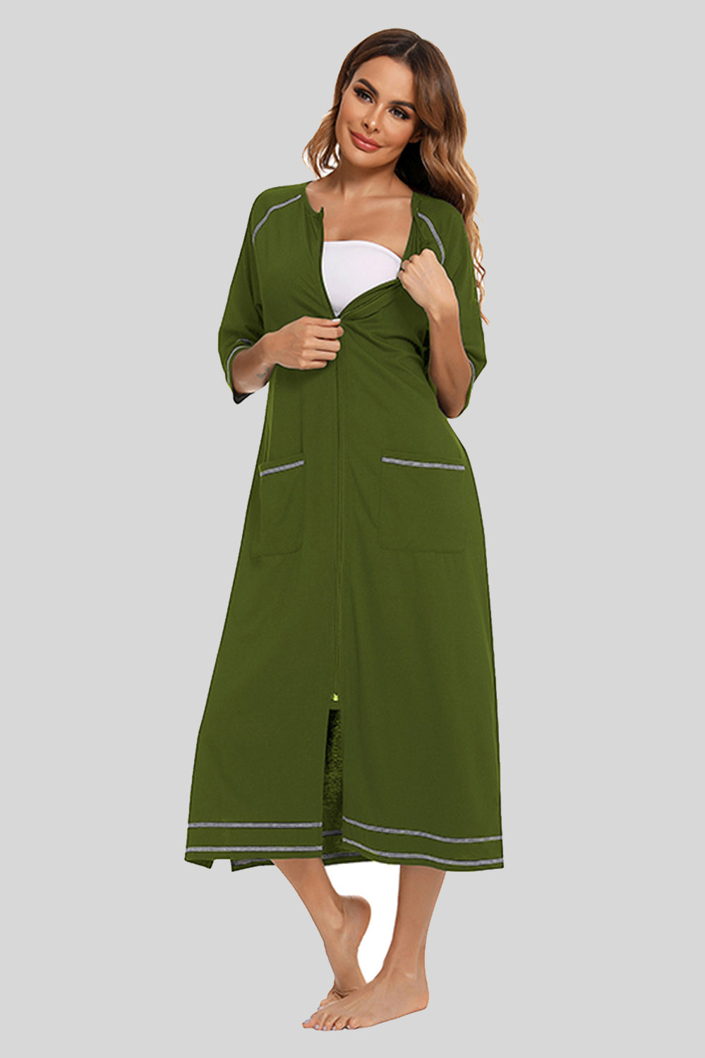 Zip Up Slit Round Neck Night Dress with Pockets in Burnt Umber for Women