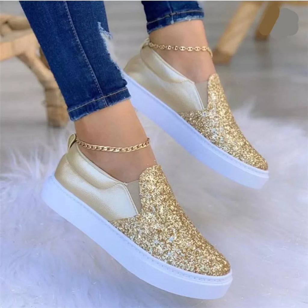 Sequin Round Toe Platform Slip-Ons in Black for Women