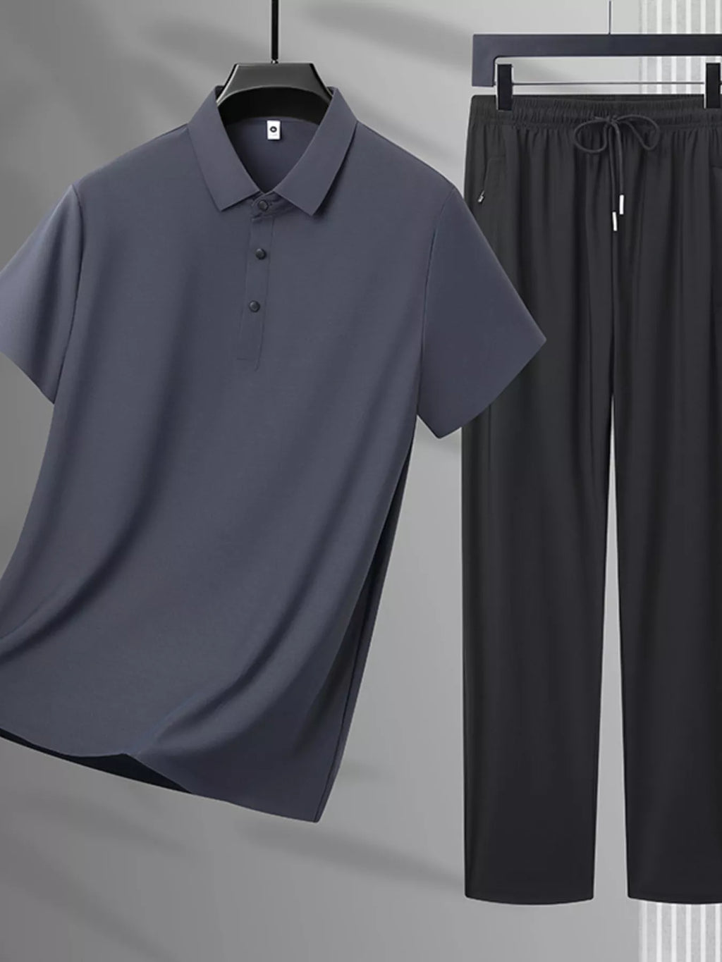 Plus Size Button Detail Polo and Pants Set in Black for Men