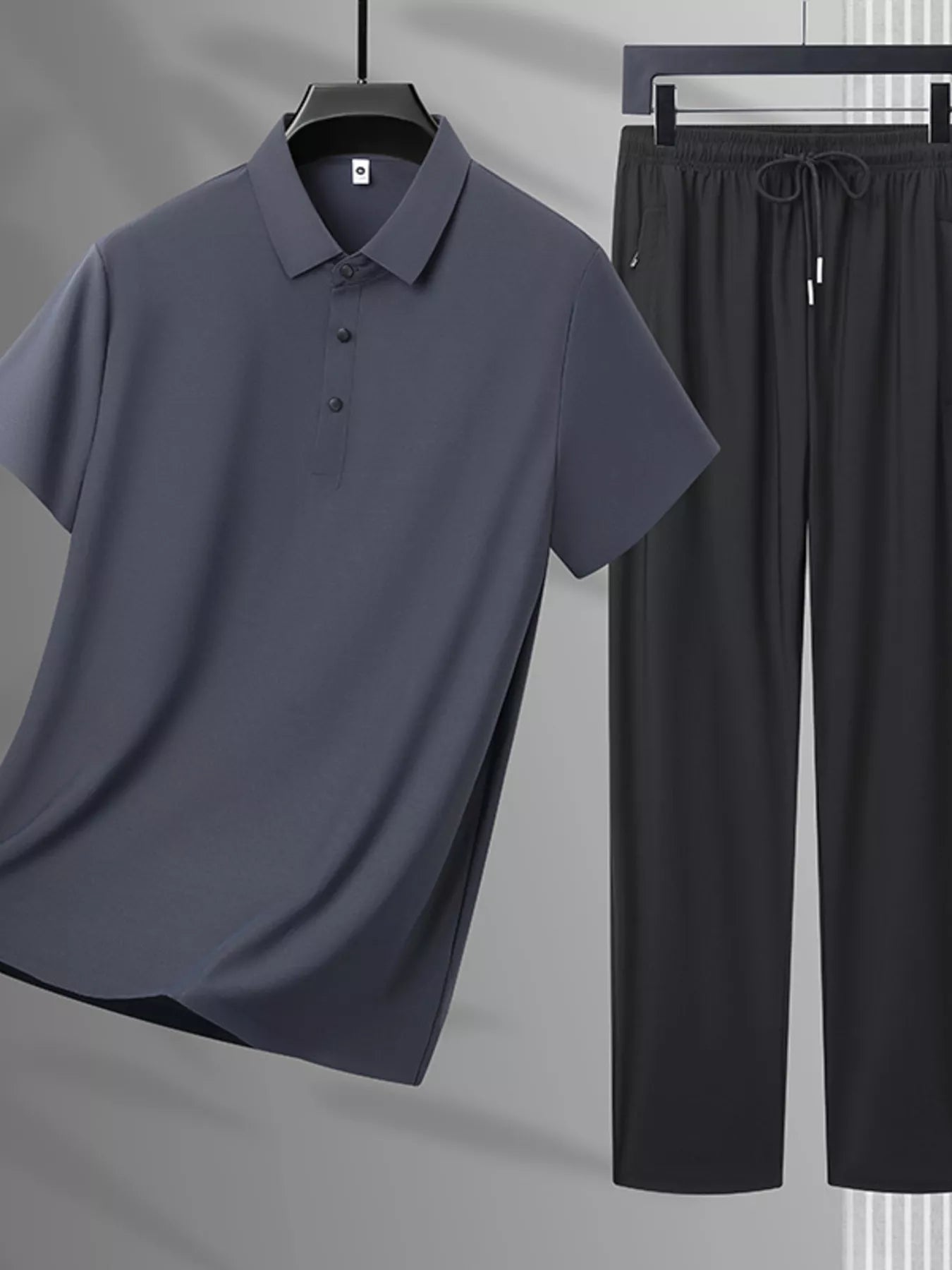 Plus Size Button Detail Polo and Pants Set in Black for Men