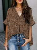 Collared Neck Half Sleeve Shirt Plus Size in Khaki Wave Point for Women