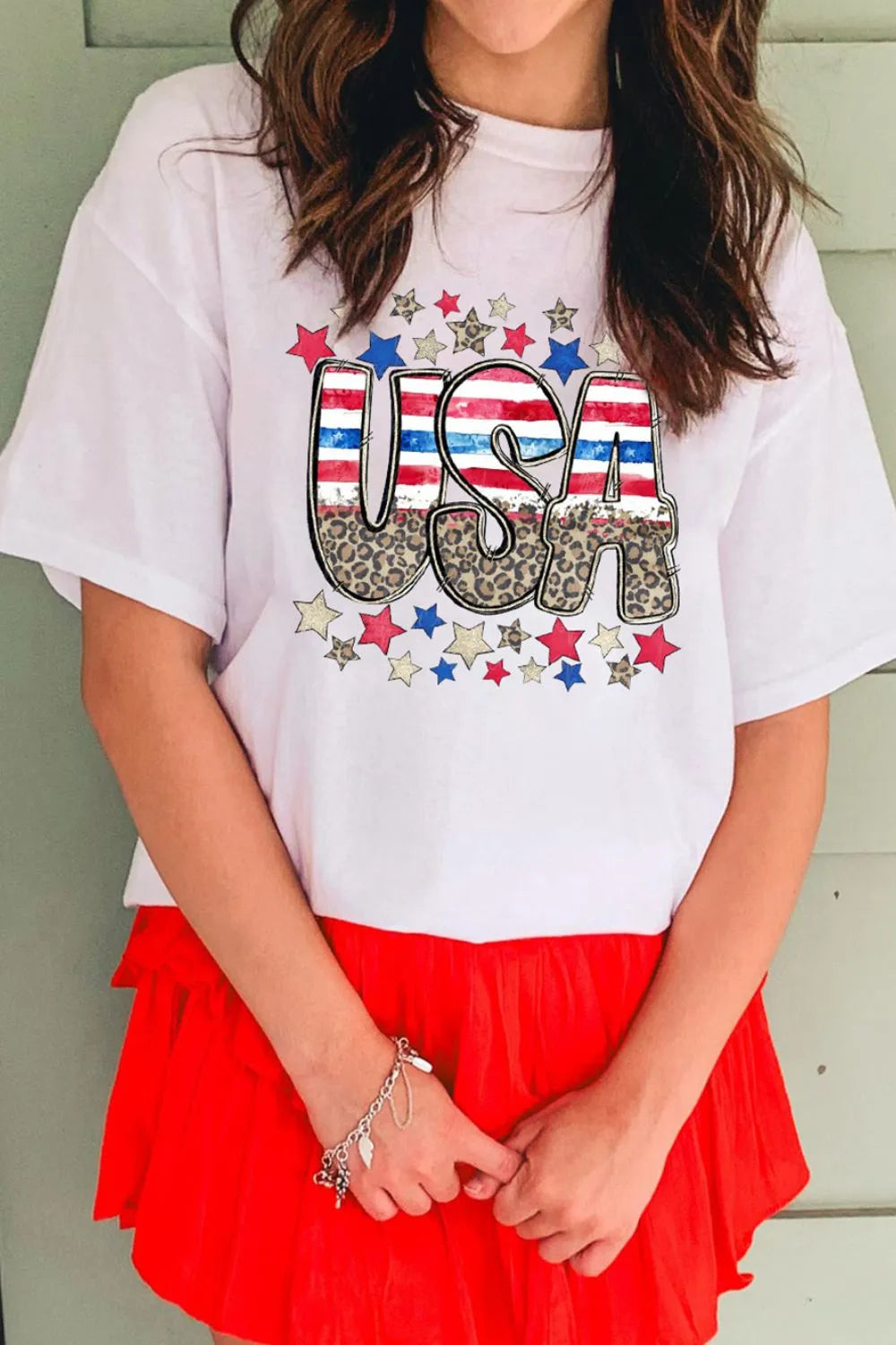 Patriotic Star Leopard USA Letter Graphic T-Shirt in White for Women