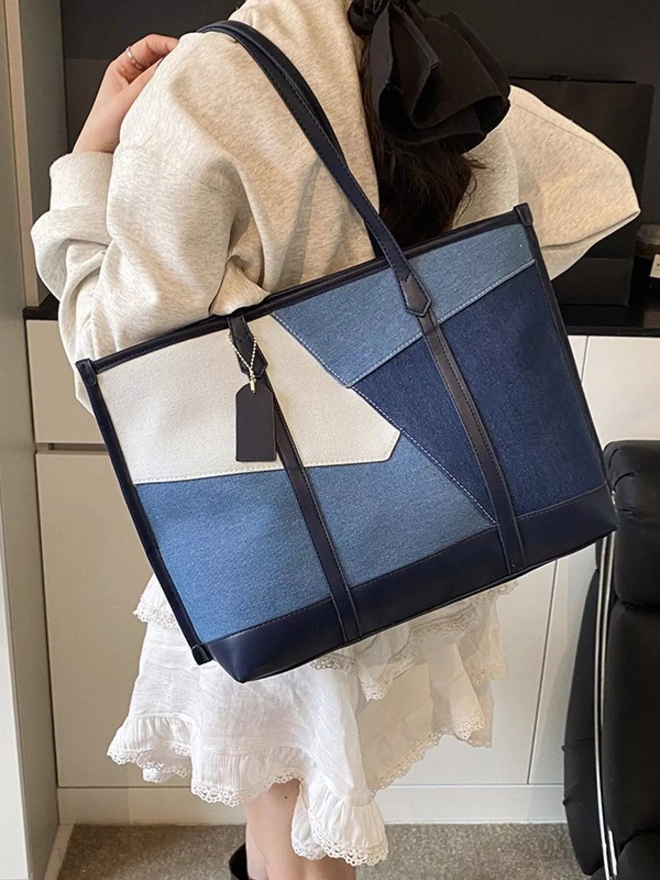 Color Block Denim Shoulder Bag for Women