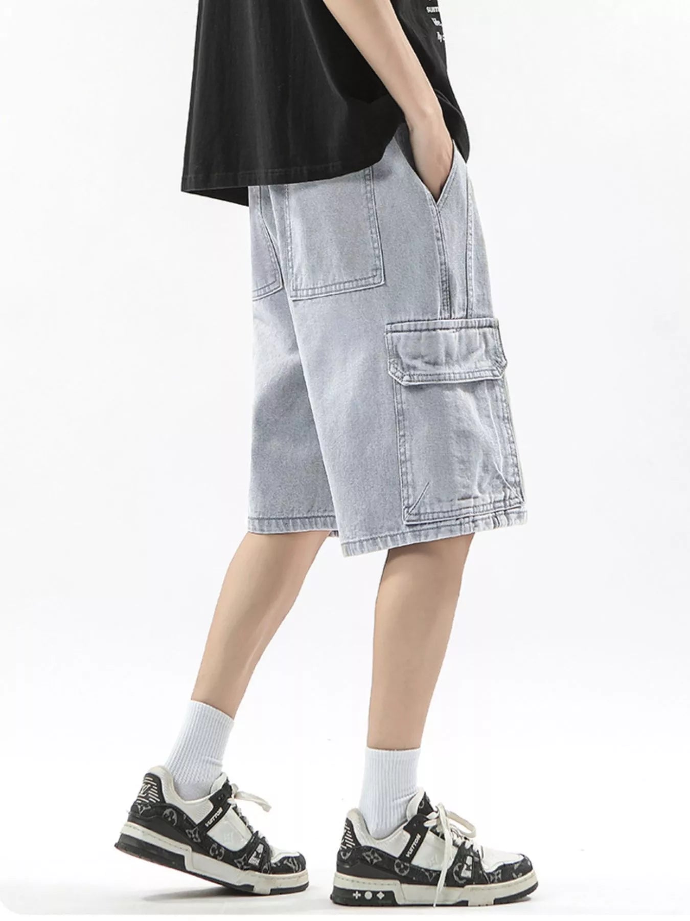 Wash Drawstring Cargo Shorts Plus Size in Cement Gray for Men