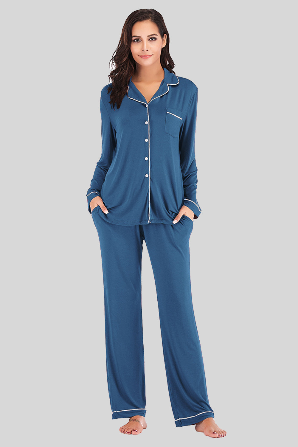 Collared Neck Long Sleeve Loungewear Set with Pockets in Green for Women