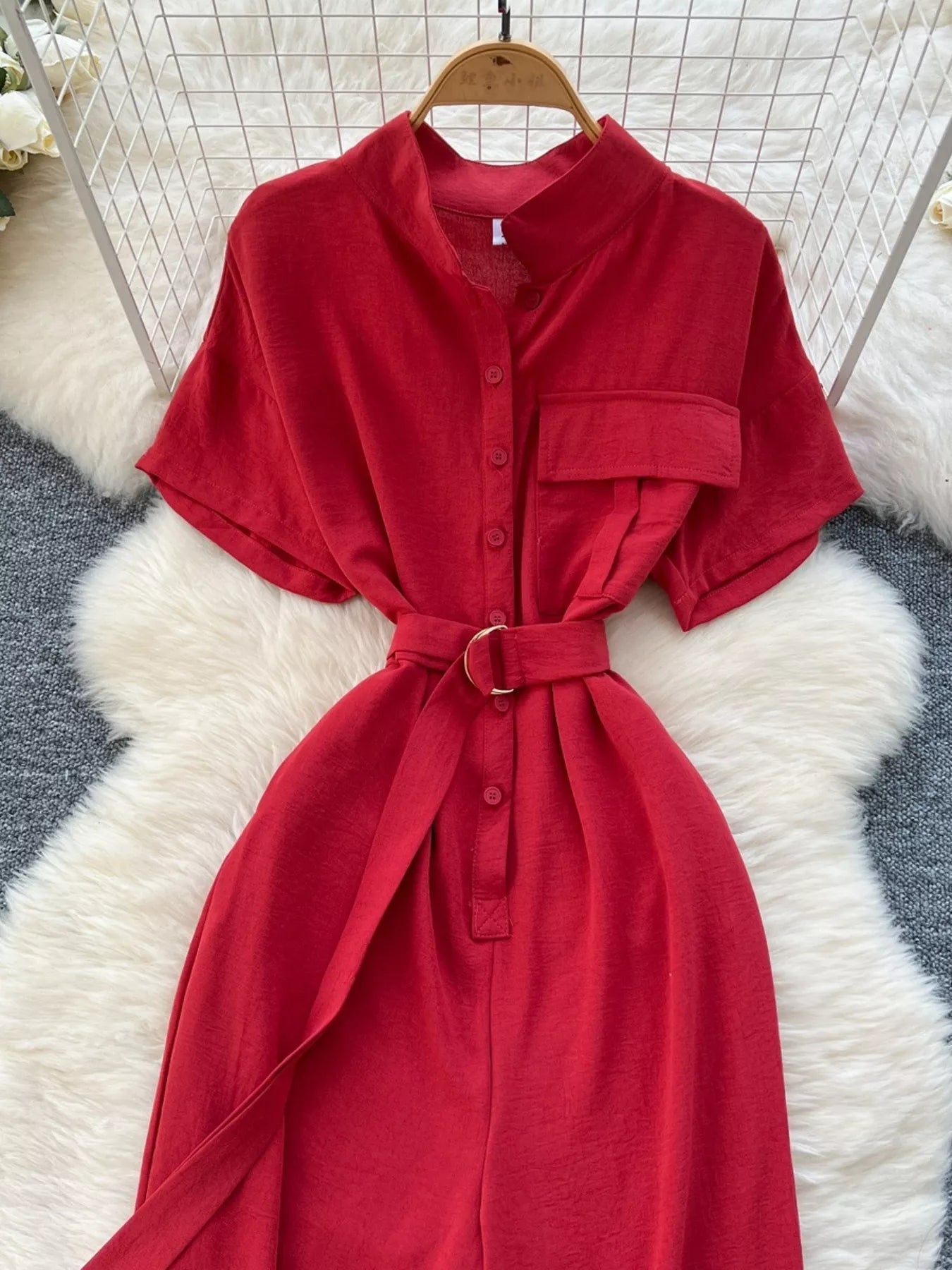 Red Button Front Wide Leg Jumpsuit in Blue for Women