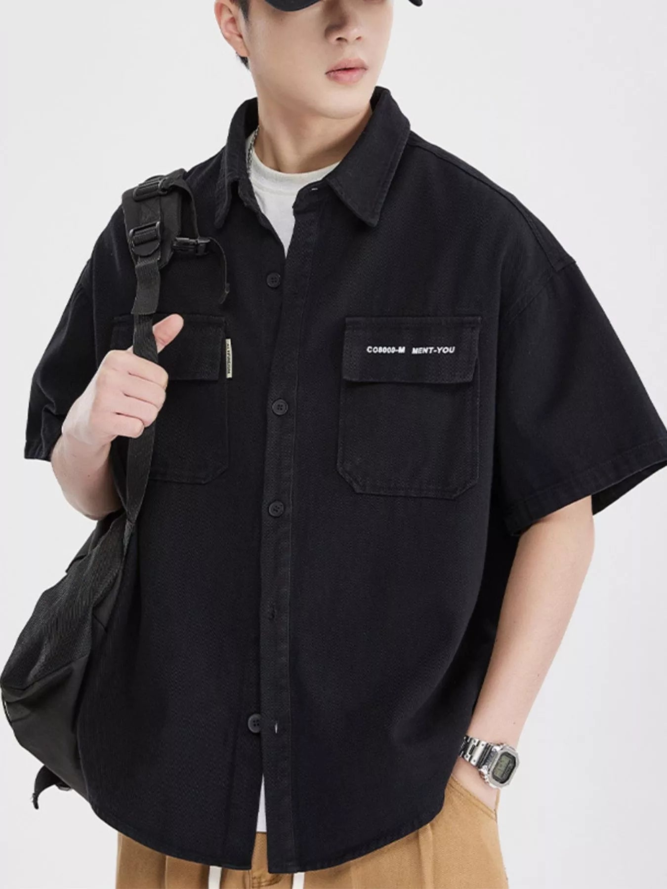Button Down Oversized Short Sleeve Shirt Plus Size in Army Gray for Men