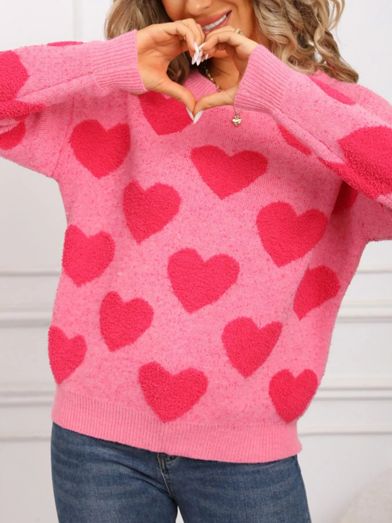 Valentines Day Heart Pattern Round Neck Sweater in Classic in Rose Red for Women