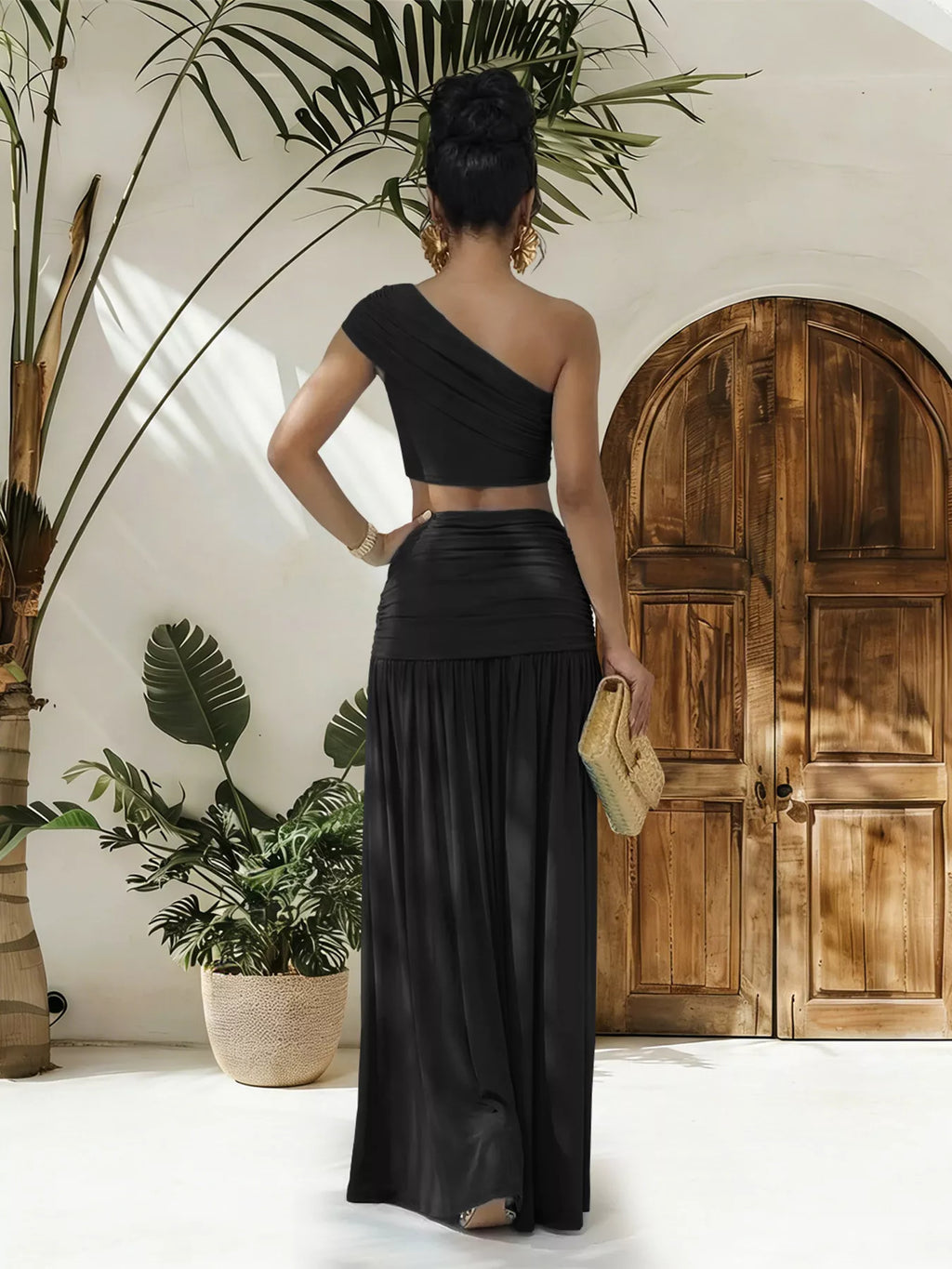 One-Shoulder Top and Ruched Maxi Skirt Set in Sky Blue for Women