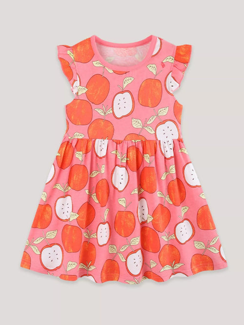 Apple Print Ruffle Sleeve Casual Dress in Multicolor for Girls