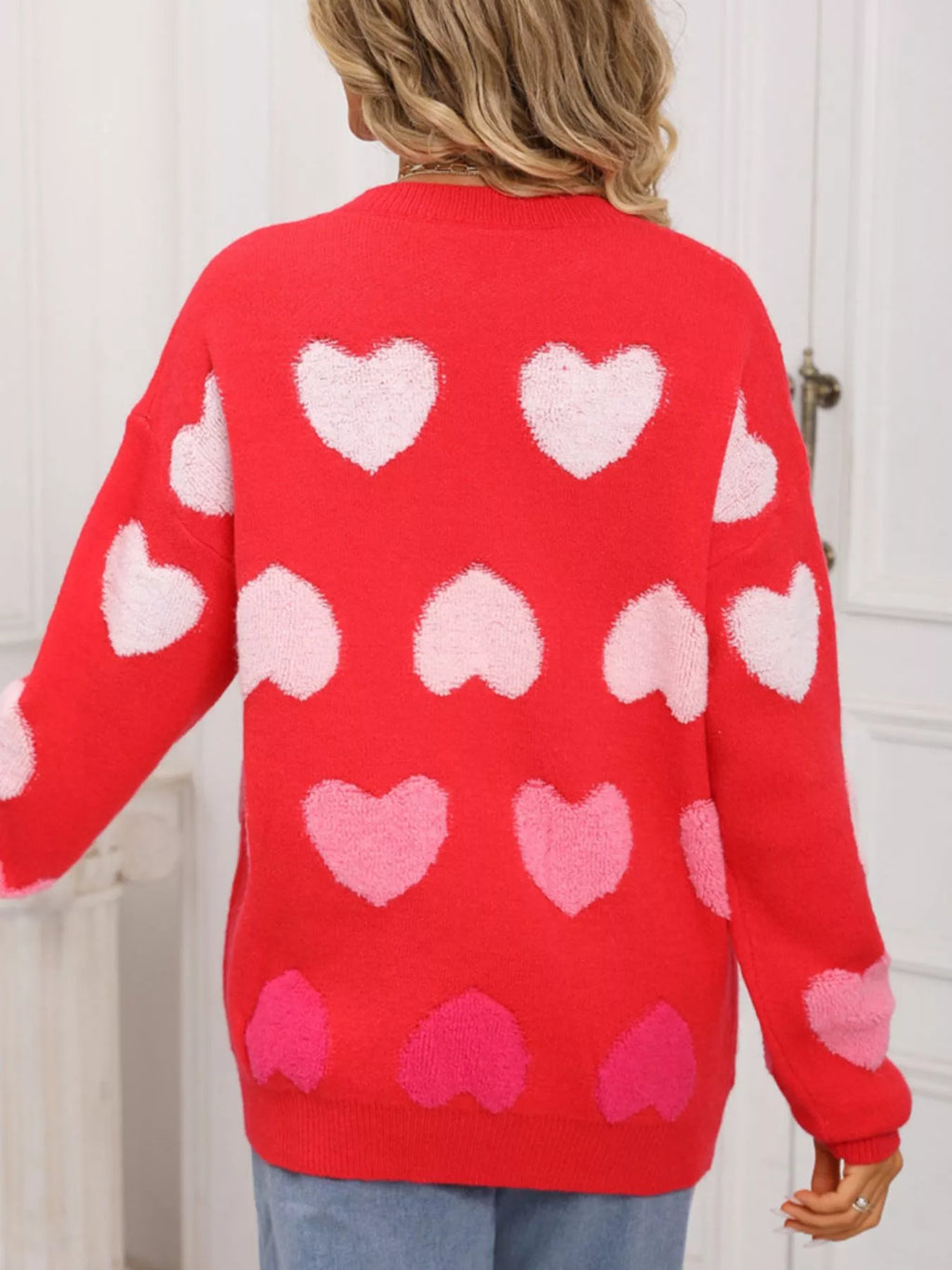 Valentines Day Heart Pattern Fuzzy Knit Sweater for Women