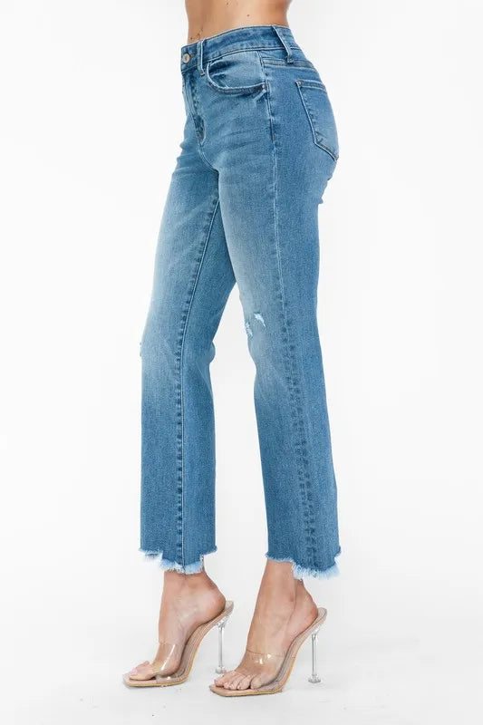 Raw Hem Distressed Mid Rise Crop Jeans in Medium for Women