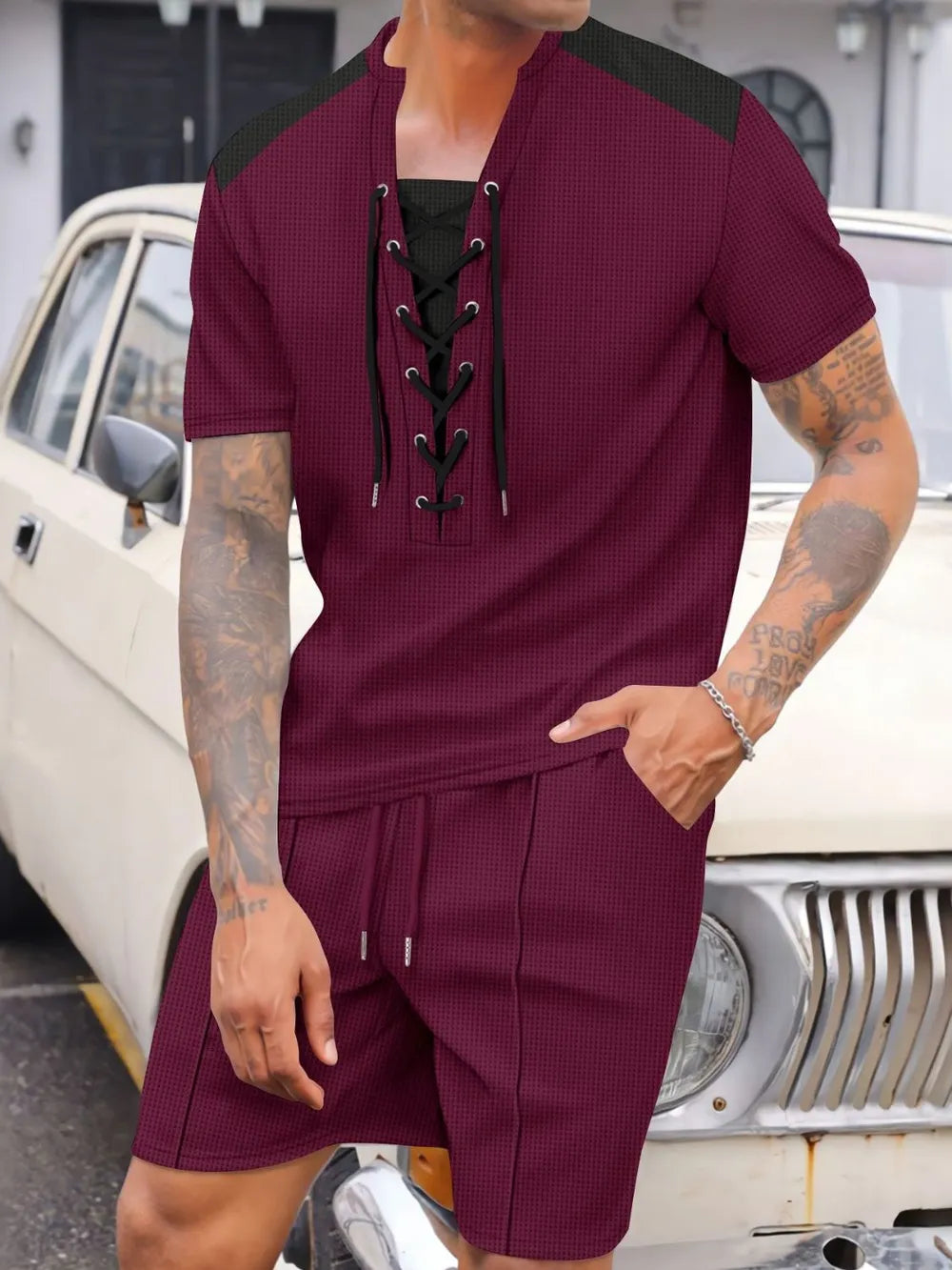 Lace-Up Waffle Knit Top and Shorts Set Plus Size in Black for Men