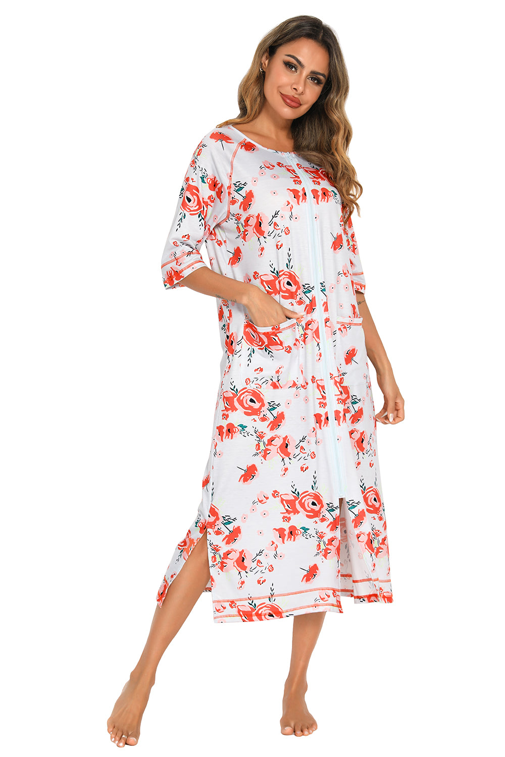 Printed Slit Night Dress with Pockets in Burnt Coral for Women