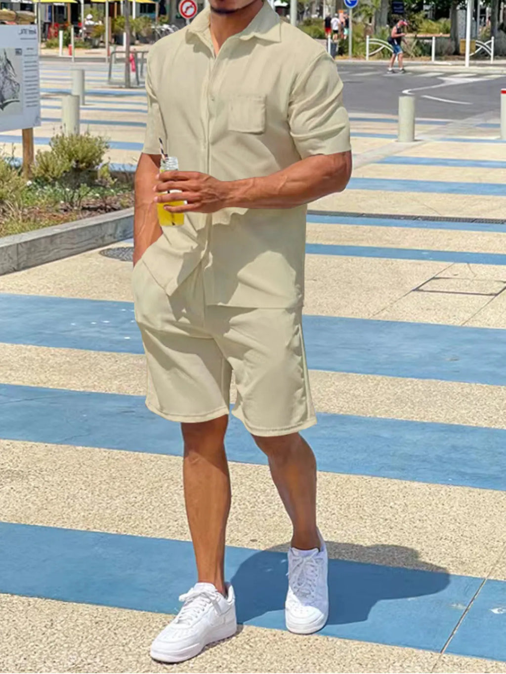 Plus Size Button Up Shirt and Shorts Set in Military Green for Men