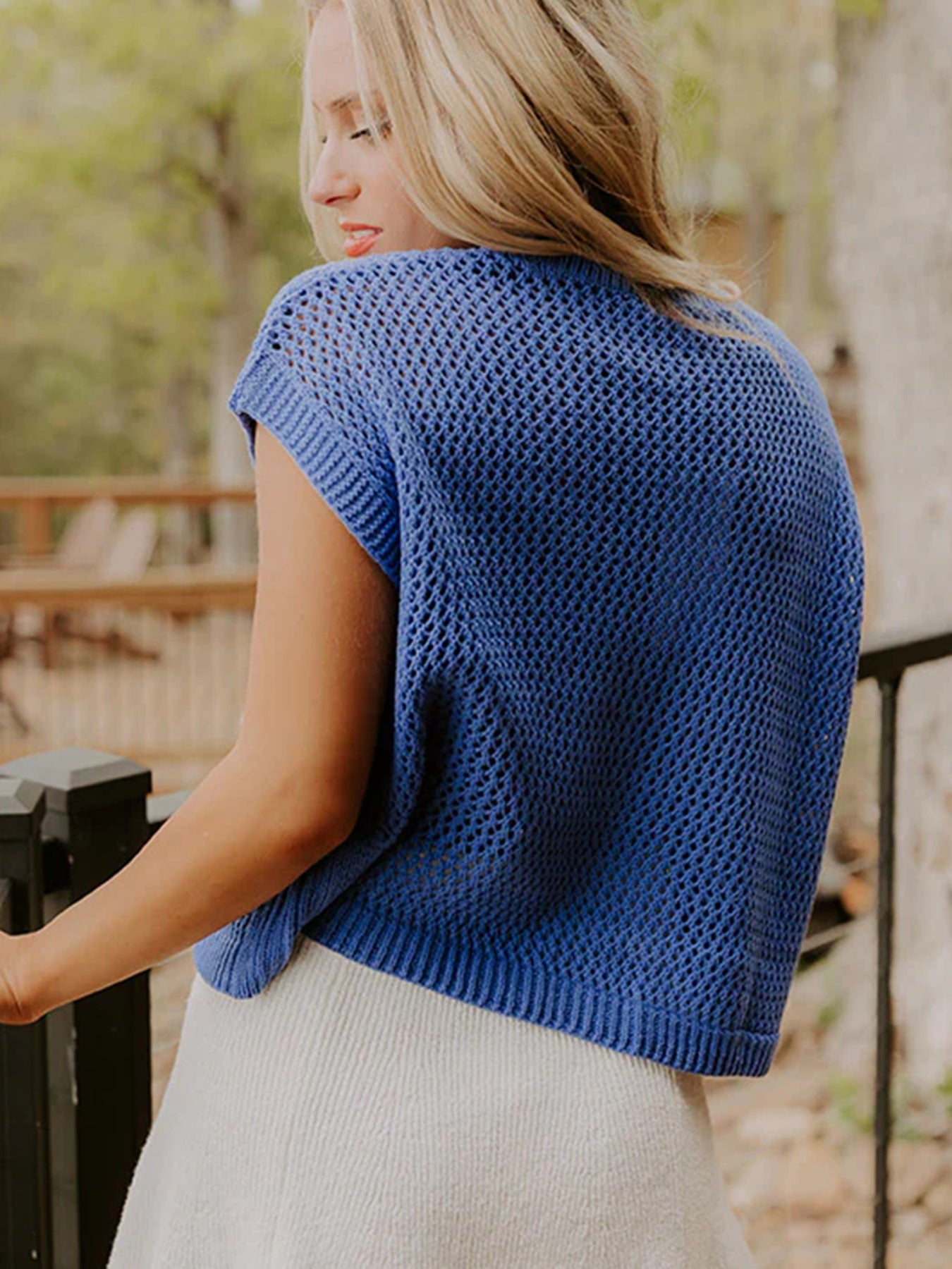 Flag Graphic Short Sleeve Sweater Top in Dusty Blue for Women