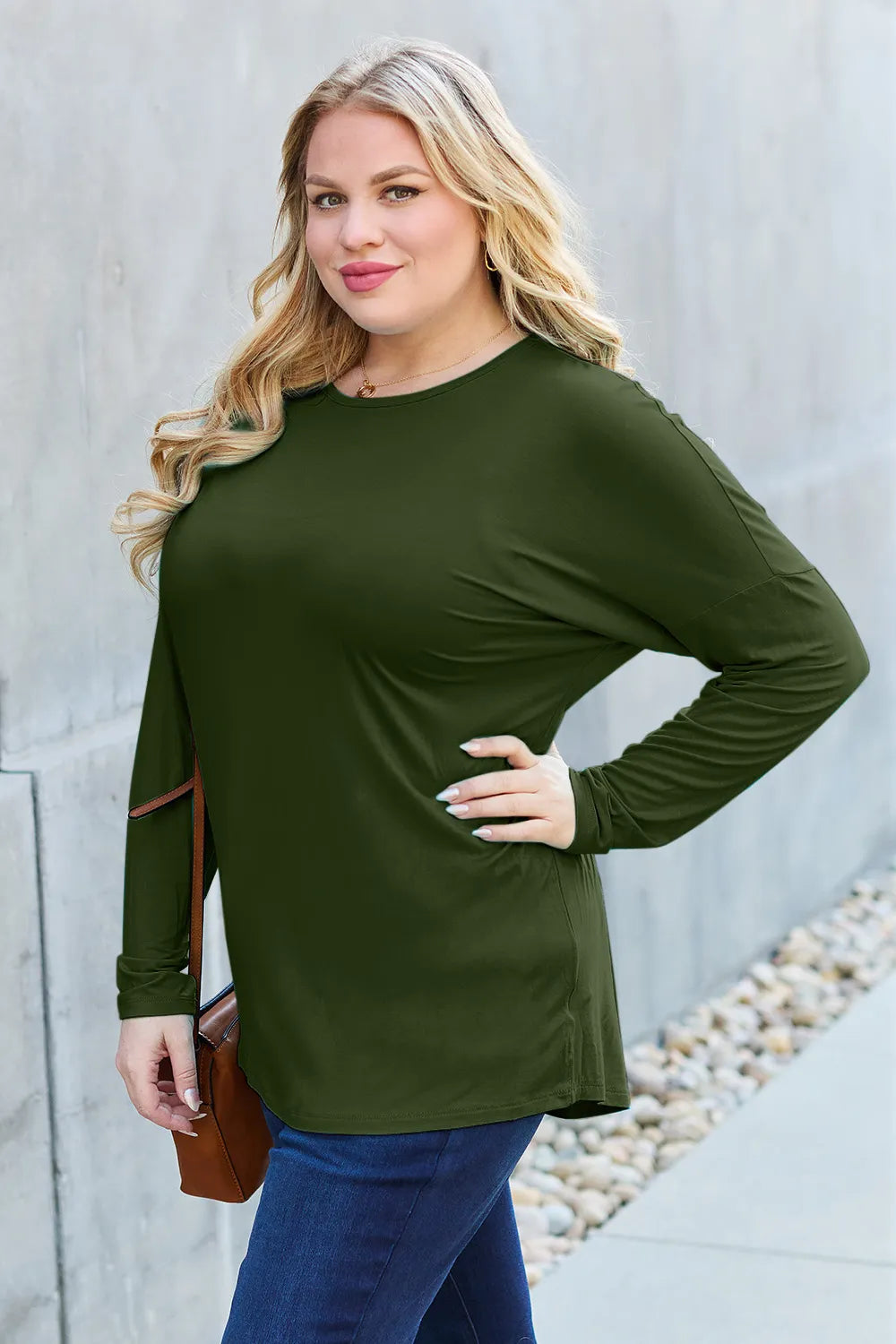 Plus Size Round Neck Dropped Shoulder T-Shirt in Army Green for Women