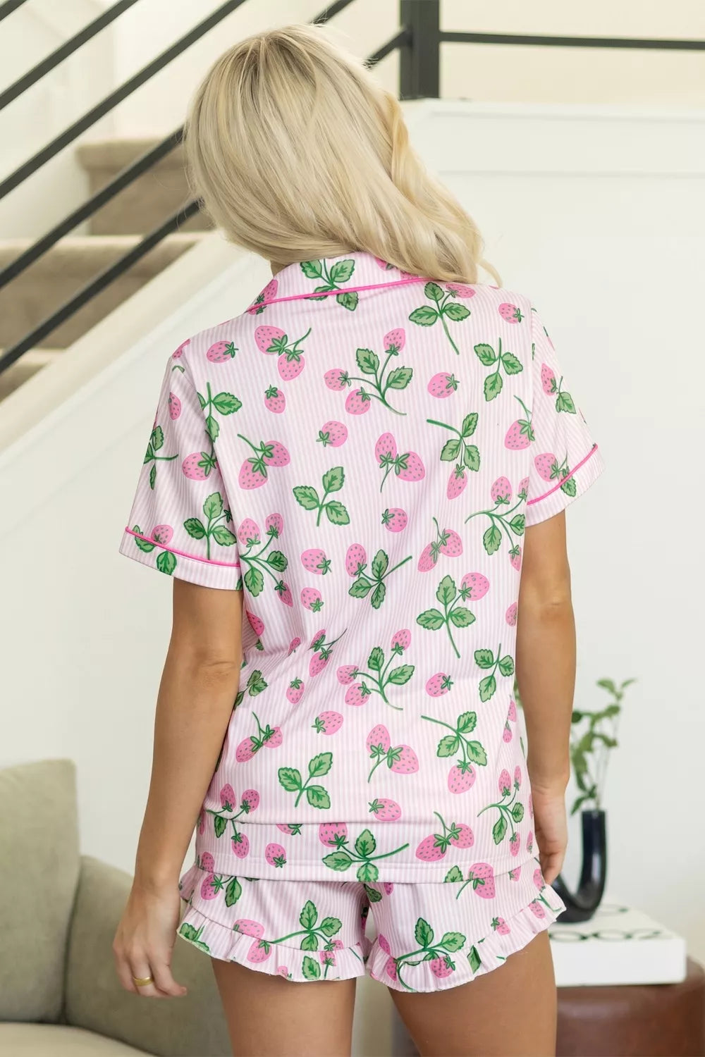Striped Strawberry Print Lapel Shirt Drawstring Shorts Two-Piece Pajama Set in Blush Pink for Women