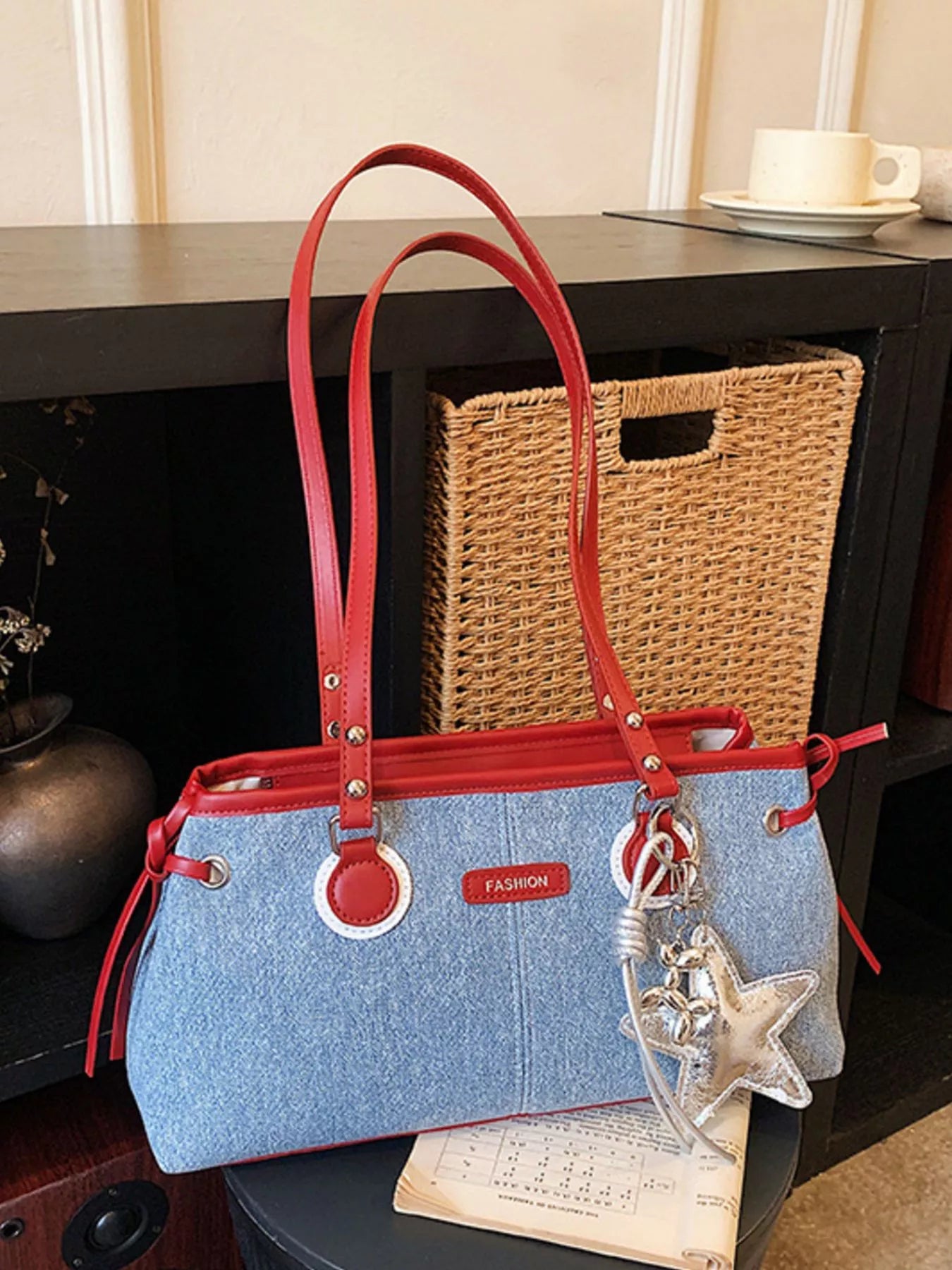 Denim Shoulder Bag with Star Charm in Light Blue for Women
