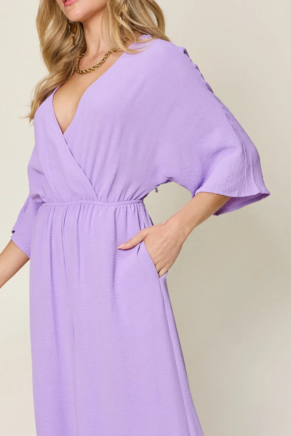 Plus Size Surplice Wide Leg Jumpsuit with Pockets in Hot Pink for Women