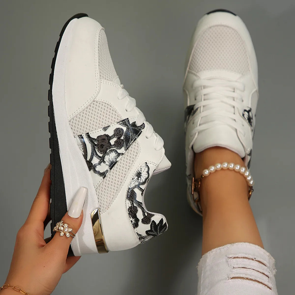 Floral Mesh Wedge Athletic in White for Women
