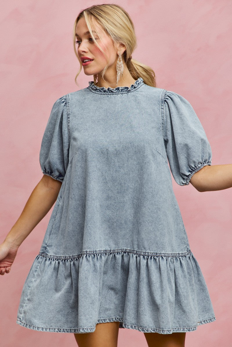 Denim Short Sleeves Mini Tiered Dress for Women