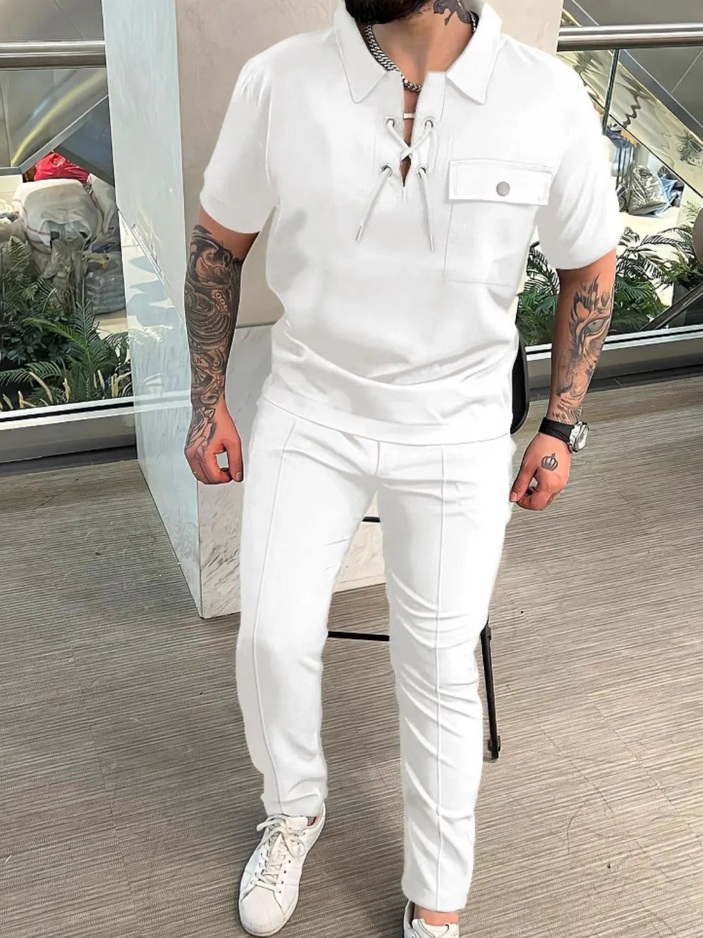 Lace Up Short Sleeve Top and Pants Plus Size in Black for Men