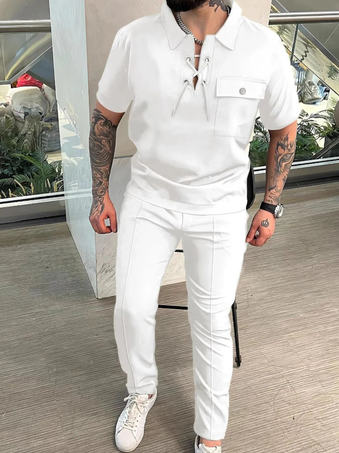 Lace Up Short Sleeve Top and Pants Plus Size in Black for Men