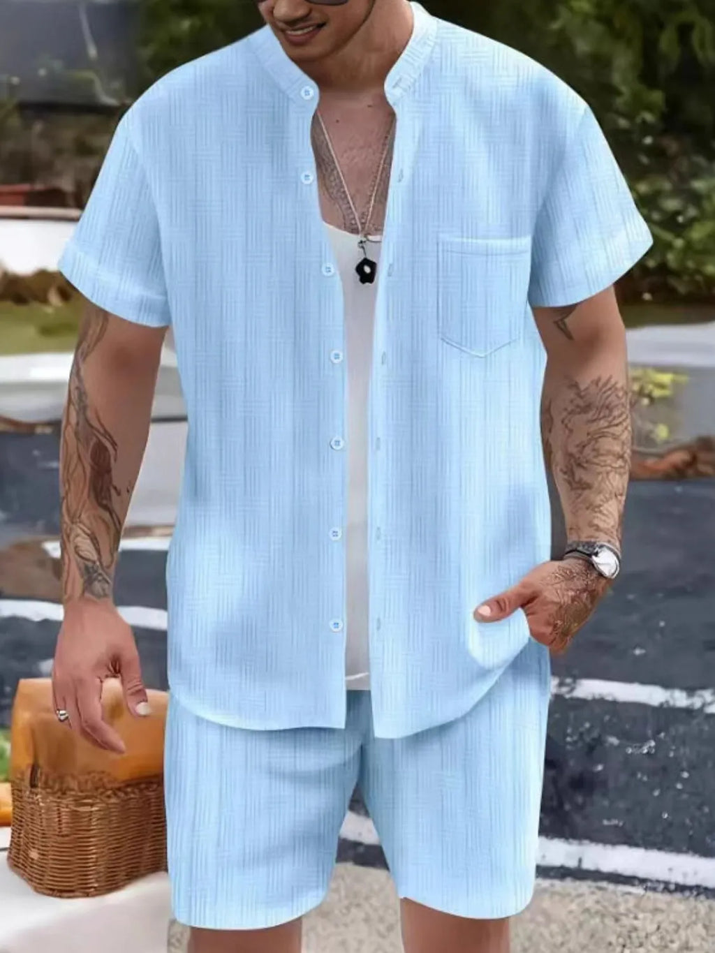 Button Up Short Sleeve Shirt and Shorts Set in Classic in White for Men
