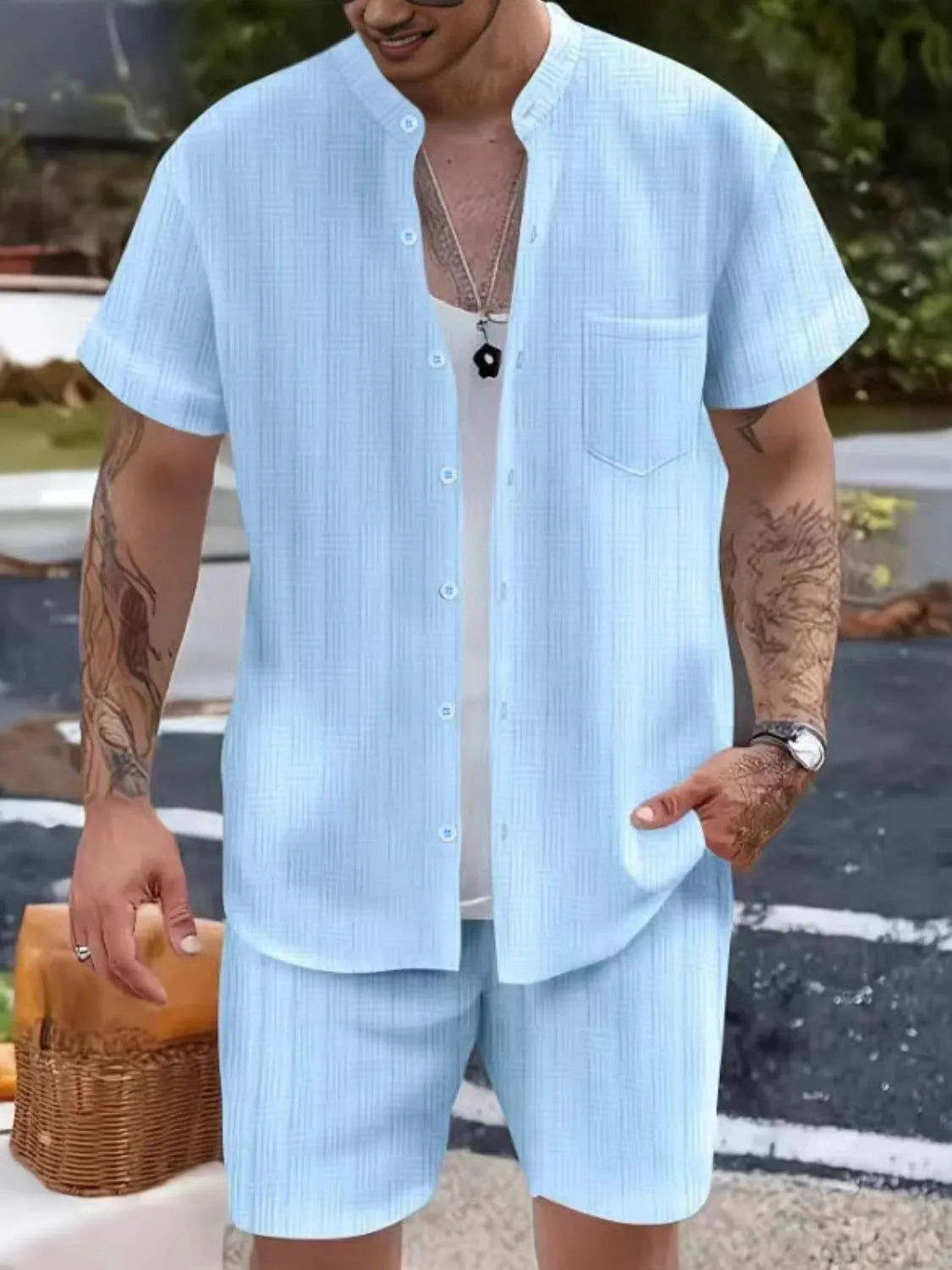 Button Up Short Sleeve Shirt and Shorts Set in Classic in White for Men