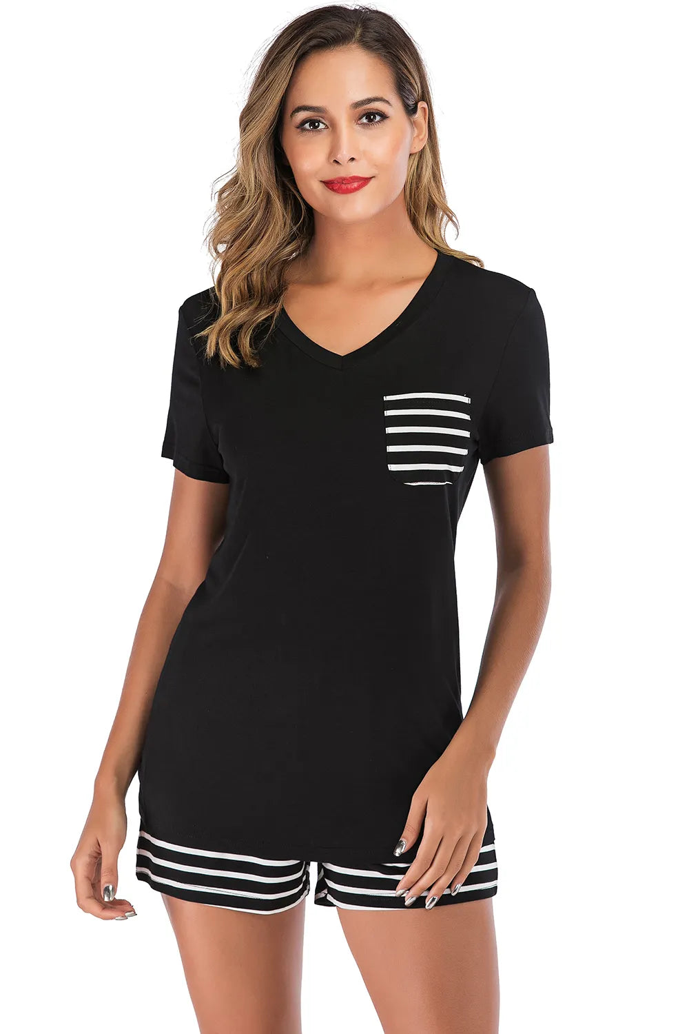 Striped Short Sleeve Top and Shorts Lounge Set in Black for Women