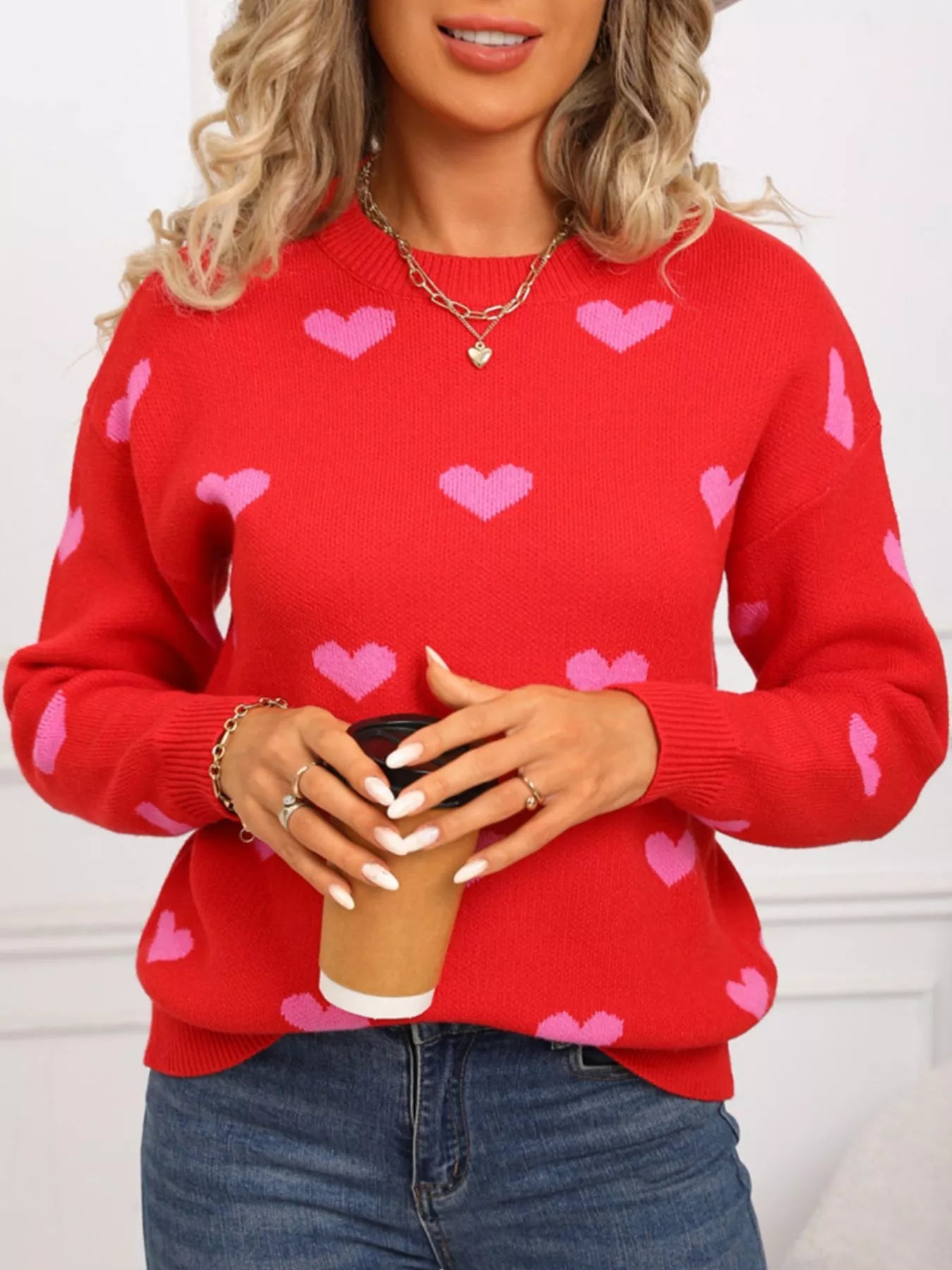 Valentines Day Heart Pattern Dropped Shoulder Sweater for Women