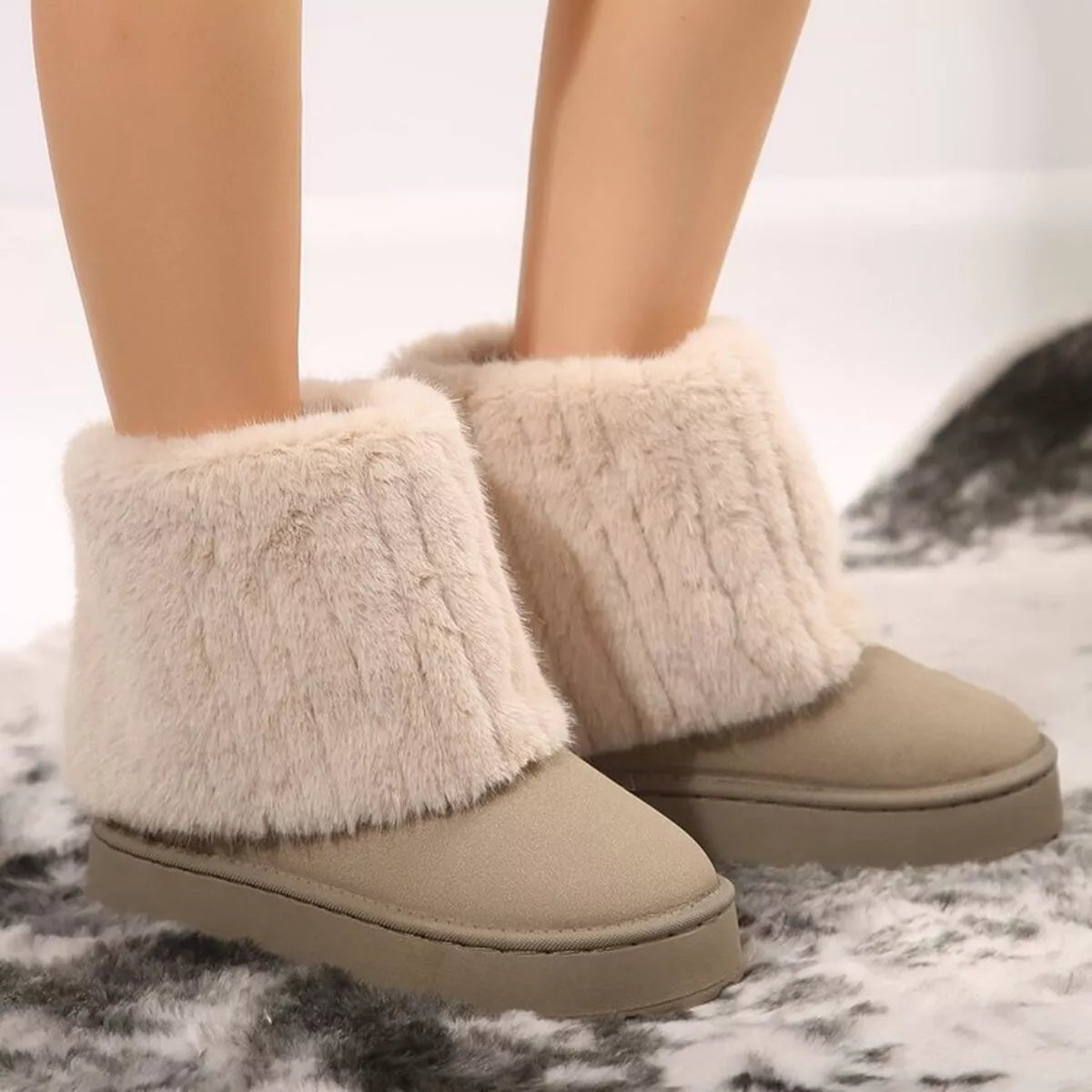 Fuzzy Round Toe Platform Boots in Camel for Women